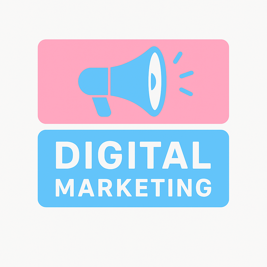 logo rosa pastel y celeste de marketing digital y seo