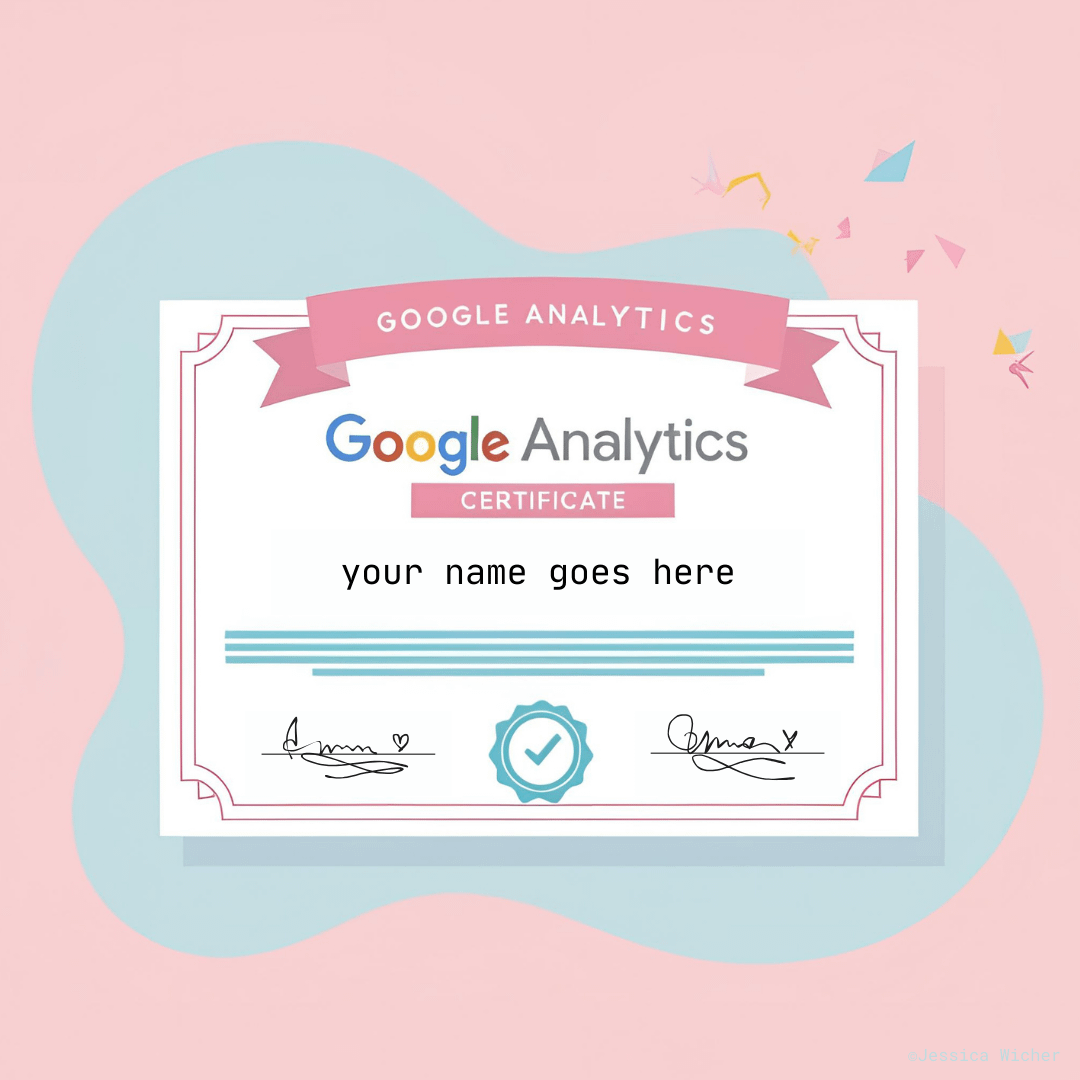 imagen representativa en rosa y azul pastel del certificado de Google Analytics o Google Analytics Individual Qualification (GAIQ)