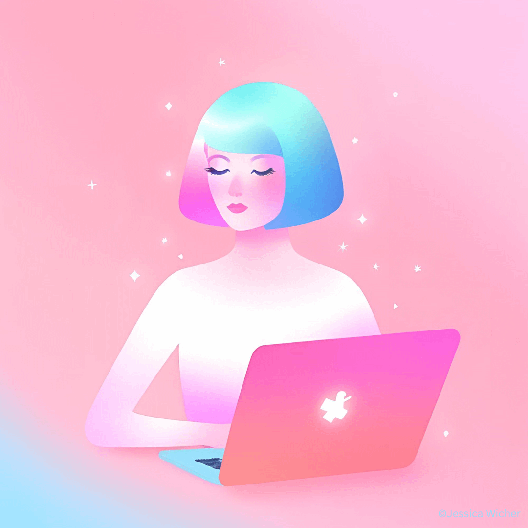 Mujer haciendo marketing digital, colores rosa pastel y celeste, brillos